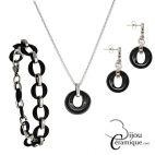 Parure bijoux en céramique noire, collier, bracelet et boucles d'oreilles