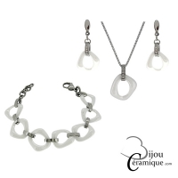 Parure bijoux collier, bracelet et boucles d'oreilles en céramique blanche