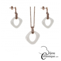 Parure bijoux collier, bracelet et boucles d'oreilles en céramique blanche et acier rosé