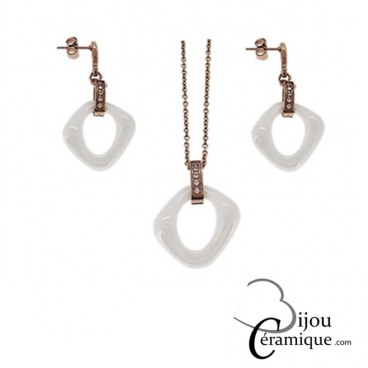 Parure bijoux collier, bracelet et boucles d'oreilles en céramique blanche et acier rosé